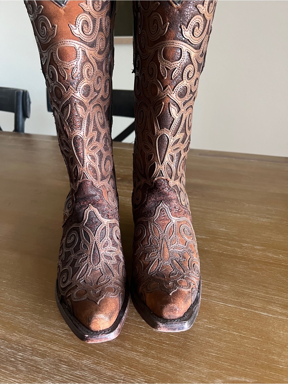 ✧🤎Corral Boots🤎✧ Womens Chocolate Tooled Inlay Snip Toe Cowboy Mid Calf  Size 7 - Picture 3 of 5